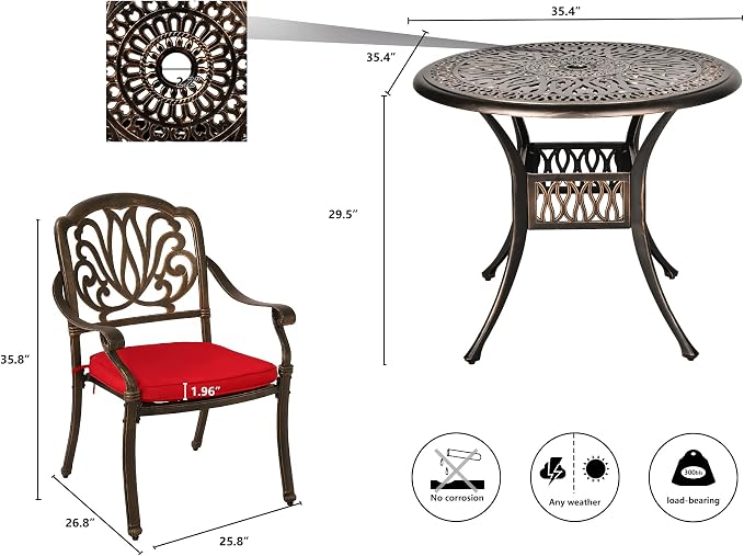 Grepatio 3 Piece Bistro Set Outdoor Cast Aluminum Patio Dining Set Table and Chairs Outside Bistro Furniture 2 Chairs and 1 Umbrella Table for Lawn Garden (Red)