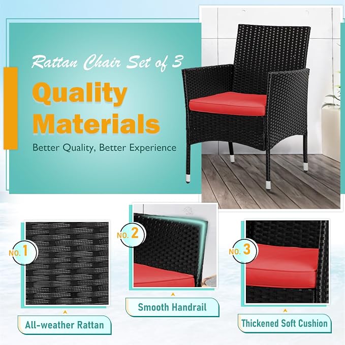 PayLessHere Set of 3 Outdoor Furniture Set Heavy Duty Patio Furniture Set Sturdy Conversation Set with 2 Rattan Chairs Glass Top Coffee Table Seat Cushions for Coffee Bar Poolside Patio Outdoor, Red