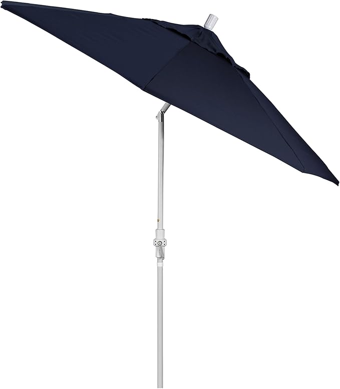 California Umbrella 9' Round Aluminum Market Umbrella, Crank Lift, Collar Tilt, White Pole, Navy