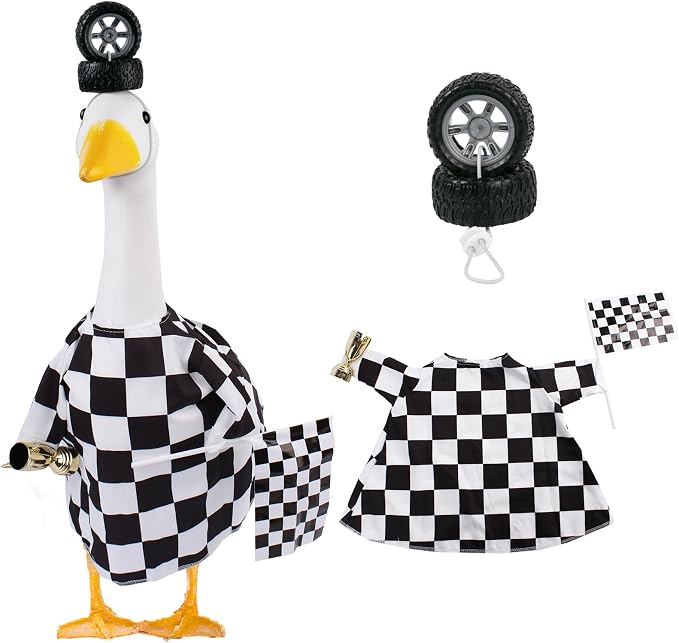 CAMDUCK Porch Goose Racing Outfits Race Car Driver Outfit Costume Racer Checkered Goose Clothes for Cement Lawn Geese