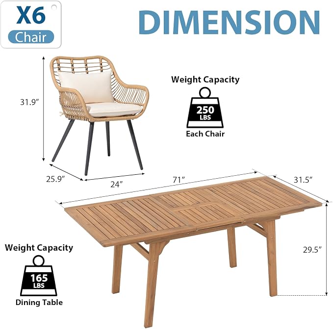 JOIVI Outdoor Dining Set for 6, 7-Piece Patio Table and Chairs Set, Patio Outdoor Furniture Set with Extendable Dining Table for Porch, Deck, Bistro, Backyard, Garden, Creamy White