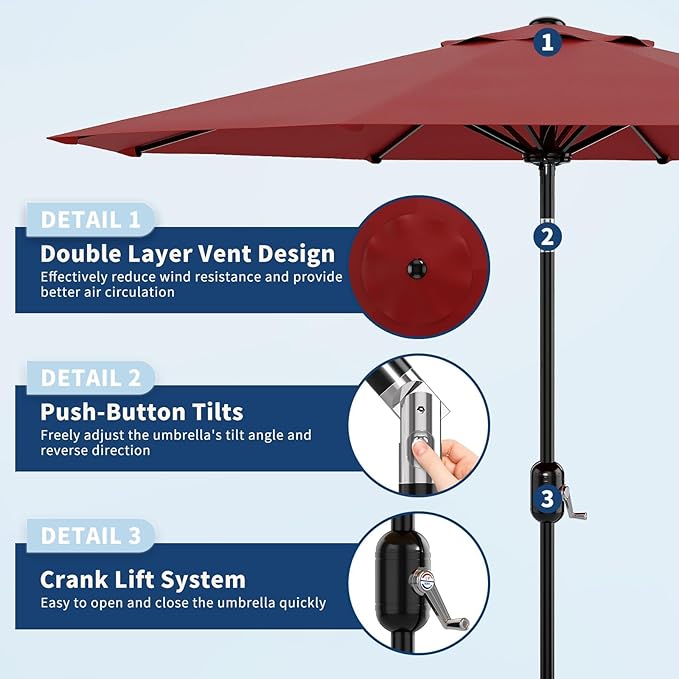 9FT Outdoor Patio Umbrella, 8 Ribs Market Table Umbrella with Tilt & Crank, UV-Resistant Waterproof for Pool, Deck, Backyard, Red