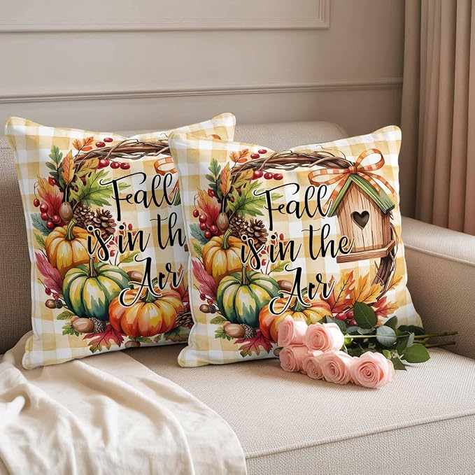 Fall Pumpkin Waterproof Outdoor Pillow Covers Set of 2 Home Decor, Thanksgiving Orange Check Maple Cabin Pillowcase Patio Pillow Covers for Couch Bench Furniture Garden 26x26in