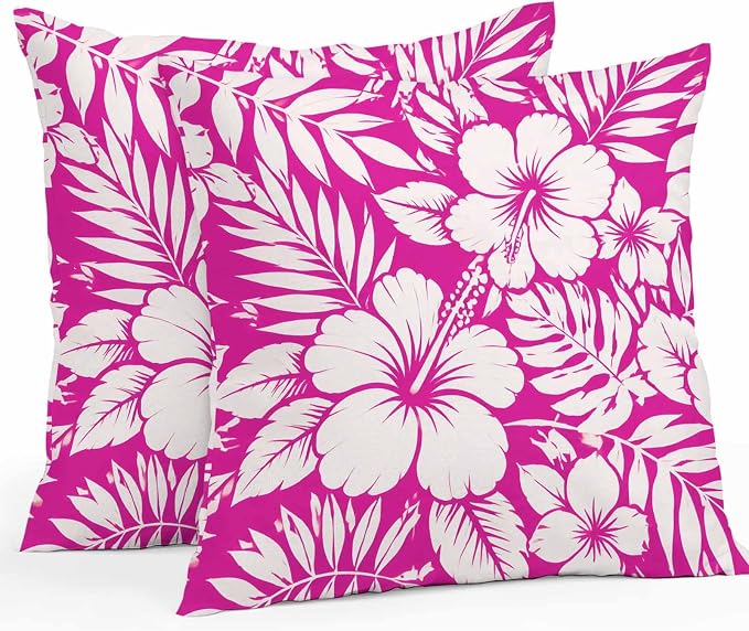 Pink Hibiscus Flowers Waterproof Outdoor Pillow Covers Set of 2 Home Decor, Tropical Monstera Leaves Pillowcase Patio Pillow Covers for Couch Bench Patio Furniture Garden 16x16in