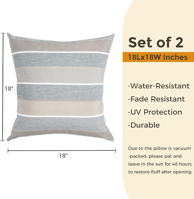FUNHOME Outdoor Throw Pillows 18x18 inch,Decorative Throw Pillow with Insert Set of 2,Water Resistant Pillow for Patio Furniture Sofa Couch Chair(Gray Stripe)