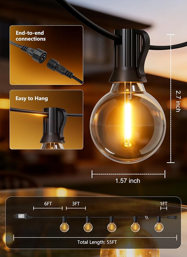 Brightown Outdoor String Lights, 55FT 17 G40 Bulbs Shatterproof Patio Lights, Waterproof Dimmable Hanging Connectable Globe LED Outdoor Lights for Backyard, Bistro, Porch, Deck, Balcony