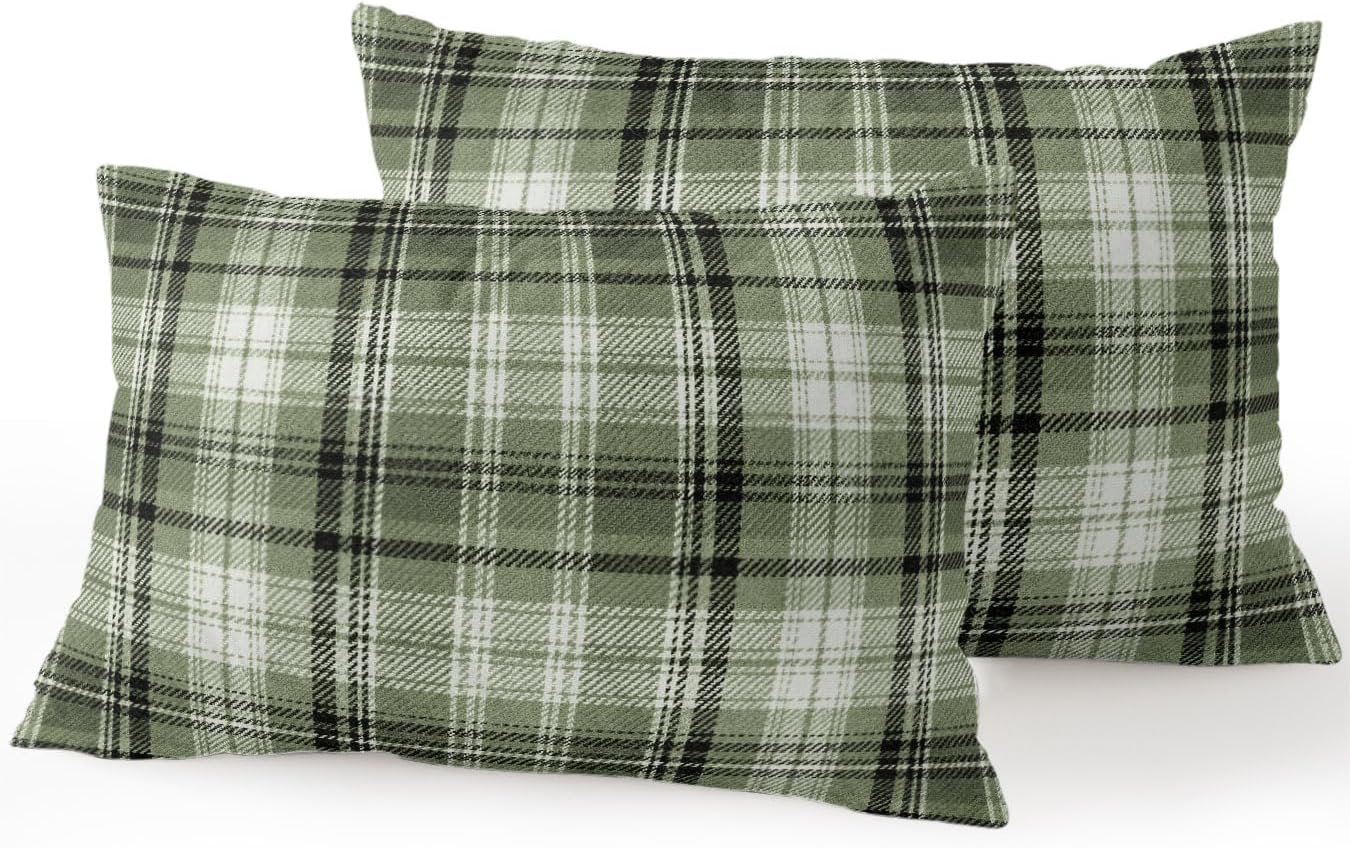 Waterproof Outdoor Pillow Set of 2 Green Checked Plaid Decorative Throw Pillows Cover & Insert 20x12 Inch Lumbar Pillowcase Stripes Woven Grid Pillows for Couch Sofa Bed Patio Furniture Indoor Outdoor