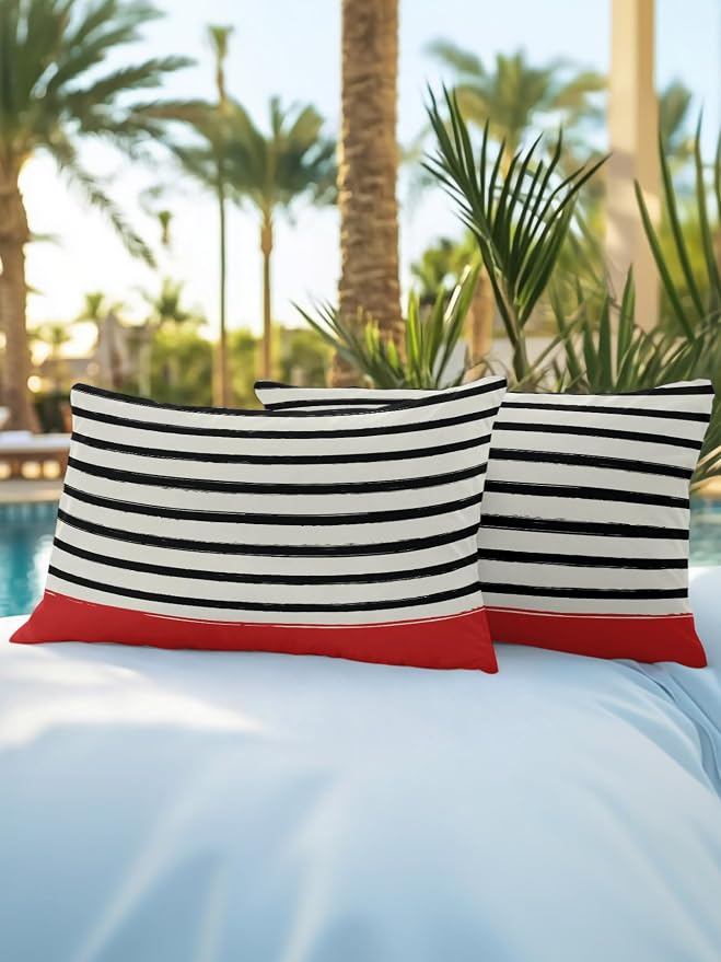 Waterproof Outdoor Pillow Set of 2 Black Stripes Decorative Throw Pillows Cover & Insert 20x12 Inch Lumbar Pillowcase Red Striped Lines Pillows for Couch Sofa Bed Patio Furniture Indoor Outdoor