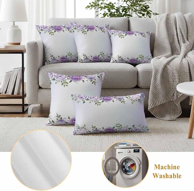 Outdoor Waterproof Throw Pillow Covers Set of 2 Purple Rose Flower Pillowcases 20x20 Inches Watercolor Floral Green Leaves Decorative Pillows Cushion Case Patio Pillows for Couch Bed Chair Garden