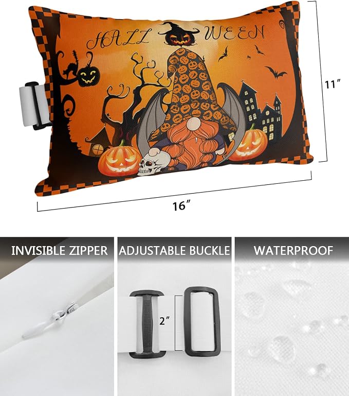 Outdoor Pillows Covers with Inserts Halloween Gnome with Bat Wings Pumpkin Ghost House Waterproof Pillow with Adjustable Strap Throw Pillows for Patio Furniture Recliner Lounge Chair, 11x16 inch, 1PCS
