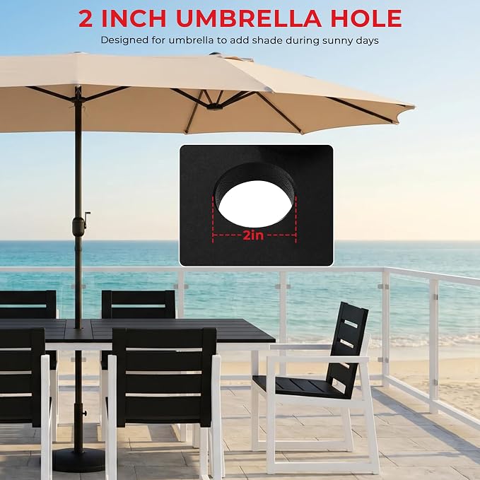 Costaelm Stinson 7-Piece Outdoor HDPE Patio Dining Table Set with Umbrella Hole & Dining Chairs for 6, Black