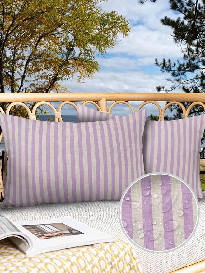 Outdoor Waterproof Throw Pillow Covers Set of 2 Purple Stripes Lumbar Pillowcases 20x12 Inches Linen Classic Vertical Striped Patio Decorative Pillows Cushion Case Patio Pillows for Couch Bed Garden