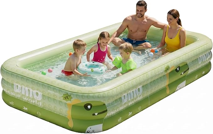 Rectangular Family Inflatable Swimming Pool, Green Dinosaur, 152.8 inches 3-Layers PVC Inflatable Walls, Outdoor Backyard