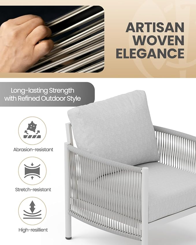 Aluminum Patio Furniture Set, 5 Seats Modern Outdoor Sectional Furniture with PE Rope & Dual-Layer Coffee Table, Luxury Patio Conversation Sets with 6" Cushions for Backyard/Garden, White