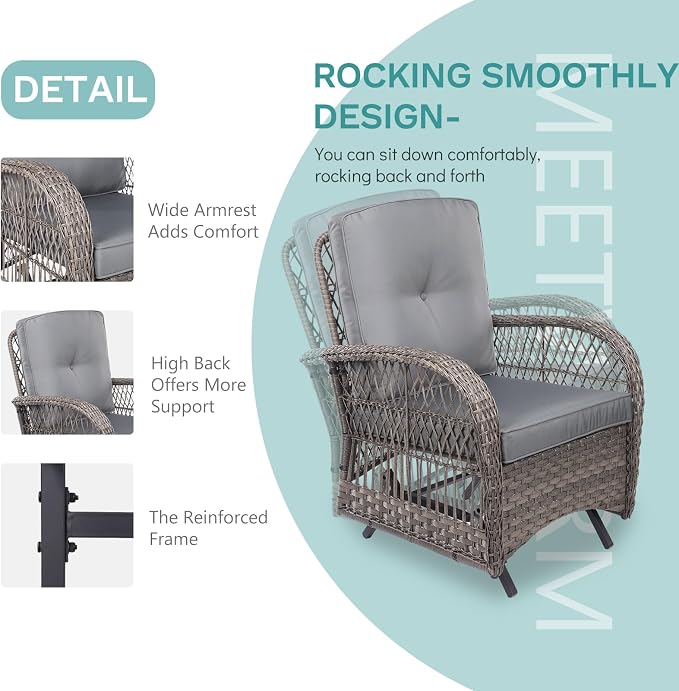 MEETWARM 3 Pieces Outdoor Patio Wicker Rocking Glider Set, Rocking Chairs Rattan Patio Furniture Sets with Glass-Top Coffee Table and Thickened Cushion, Conversation Bistro Set, Gray