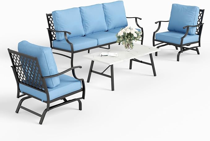 SUNSHINE VALLEY 4 Piece Metal Outdoor Patio Furniture Set, Patio Conversation Set 1 3-seater Sofa, 2 Rocking Chair with 5.75" Extra Thick Cushion and Coffee Table, Black Frame Backyard Furniture, Blue