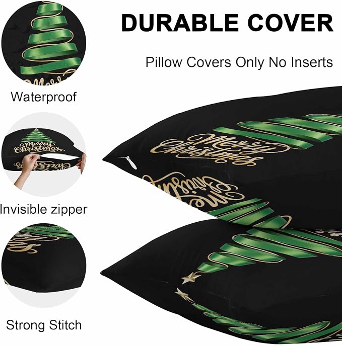 Black Christmas Tree Lumbar Pillow Covers 12 x 20 Inches, Green Xmas Tree with Star Waterproof Throw Pillow Cover Set of 2, Christmas Black Decorative Rectangle Cushion Covers for Patio/Couch