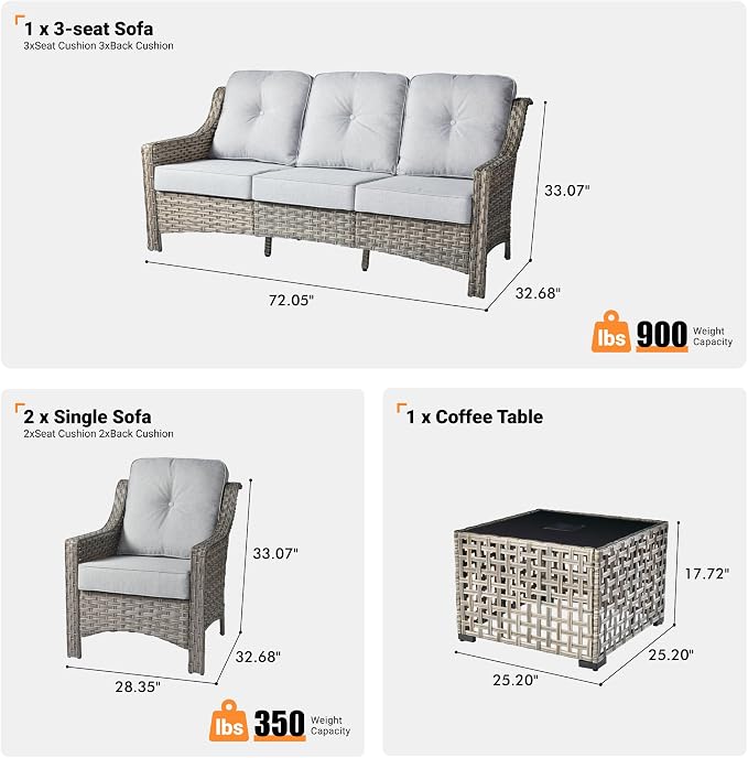 ovios 4 Piece Outdoor Patio Furniture with 3 Seat Sofa,Rattan Wicker Coversation Set with High Back,Sectional Single Sofa with Ottoman for Outside Porch Balcony Backyard Pool, Light Grey