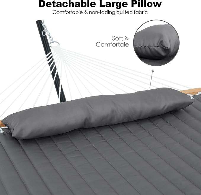 GAFETE 2 Person Hammock with Stand for Outside, Heavy Duty Steel Stand, 55inch Double Hammocks, Large Removable Pillow, Storage Bags, Max 475 lbs Capacity (Haze Gray)