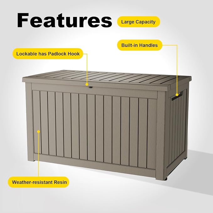 ROJIK Outdoor Storage Housing Deck Box-Waterproof Patio Furniture,Garden Tools,Cushions,Pool Accessories Storage Waterproof Resin Box with Capacity (280 Gal & Grey)