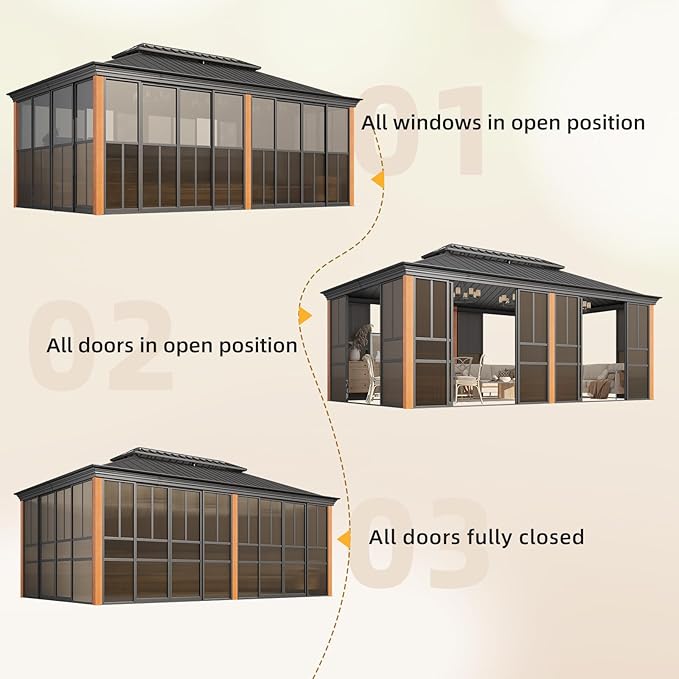 EROMMY 12' X 20' Hardtop Sunroom, Galvanized Steel Double Roof Gazebo Solarium with Wood Grain Aluminum Frame & Detachable Windows, All-Weather Sun Room for Patio Deck Backyard