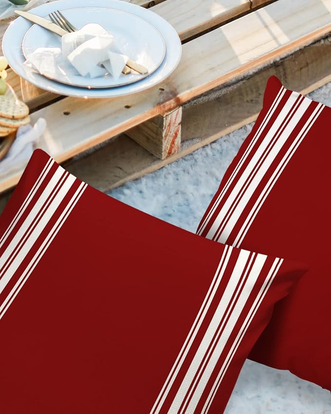 Vandarllin Outdoor Throw Pillows Covers 24X24 Set of 2 Waterproof Burgundy Red Stripe Decorative Zippered Lumbar Cushion Covers for Patio Furniture, French Stripe Farmhouse Style