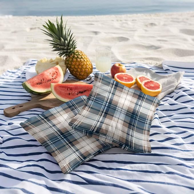Outdoor Waterproof Throw Pillow Covers Set of 2 Blue Brown Buffalo Plaid Pillowcases 16x16 Inches Check Plaid Decorative Pillows Cushion Case Patio Pillows for Couch Bed Chair Garden