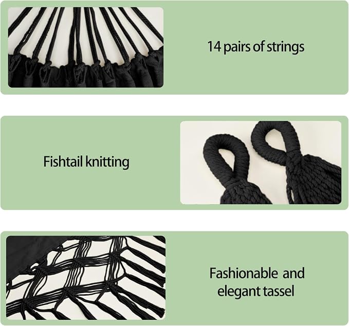 Goutime Double Hammock, Macrame Boho Cotton Hammock with Hanging Ropes, Portable for Camping Patio Backyard Indoor Outdoor,485LBS Capacity (Black)