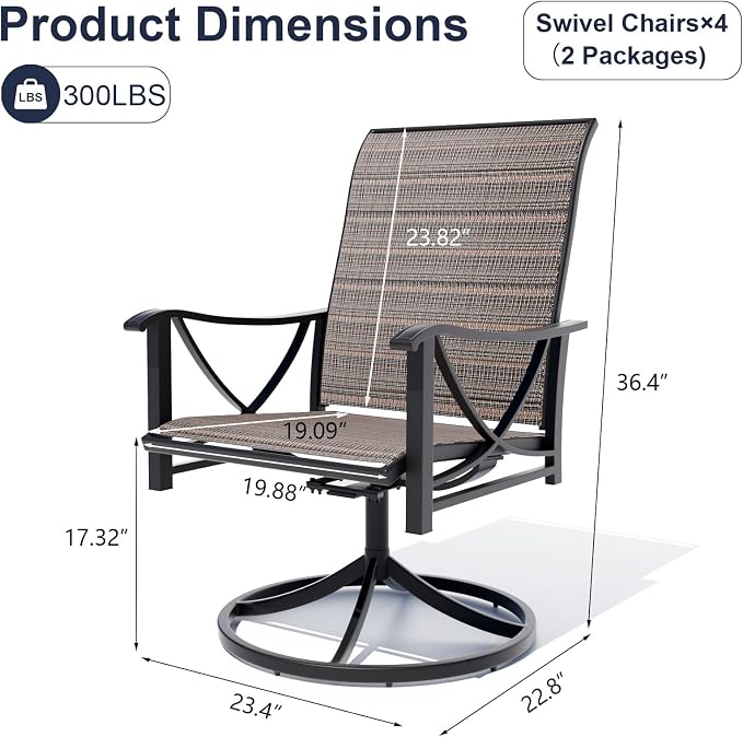 Gotland Patio Swivel Chairs Set of 4, Outdoor Dining Chairs with Breathable Teslin Seat Cushion & Backrest, 360° Outdoor Swivel Chairs with Metal Frame, Patio Dining Chairs for Deck Garden Brown