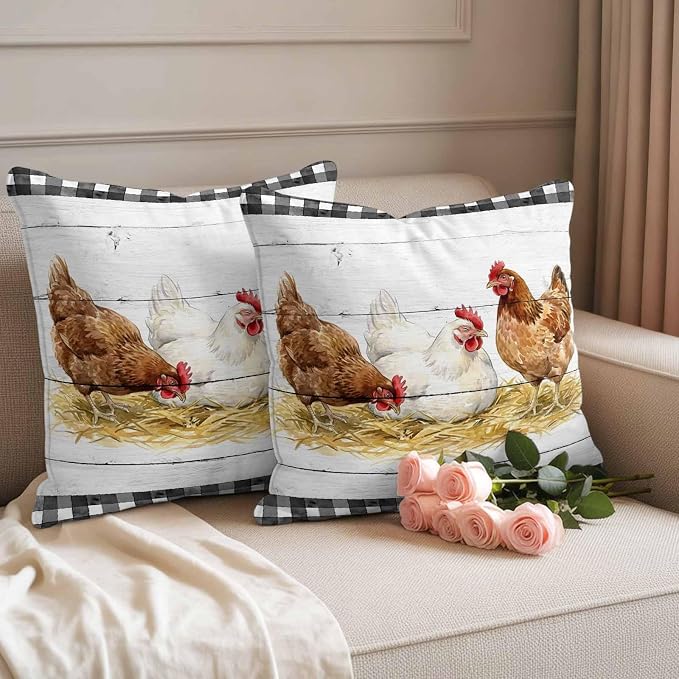 Farmhouse Rooster Outdoor Waterproof Pillow Covers, Farm Chicken Animals Retro Grey Wooden Decorative Square Throw Pillowcase Sofa Cushion Sham for Patio/Couch/Chair, 18"x18" 2 Pack