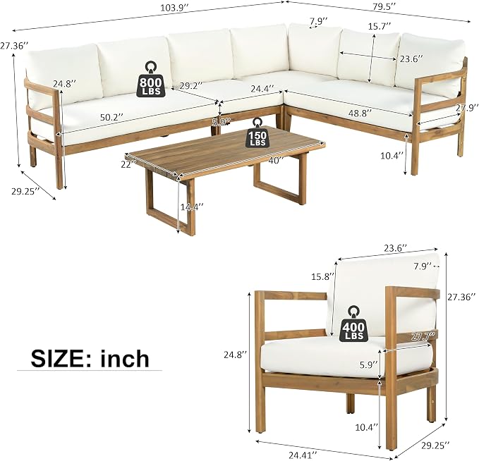 Outdoor Acacia Wood 7-Seater Sectional Sofa Set