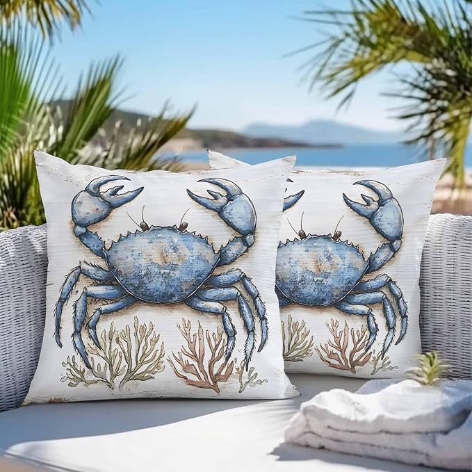 Blue Crab Coastal Outdoor Waterproof Pillow Covers, Nautical Summer Coral Ocean Beach Decorative Square Throw Pillowcase Sofa Cushion Sham for Patio/Couch/Chair, 26"x26" 2 Pack