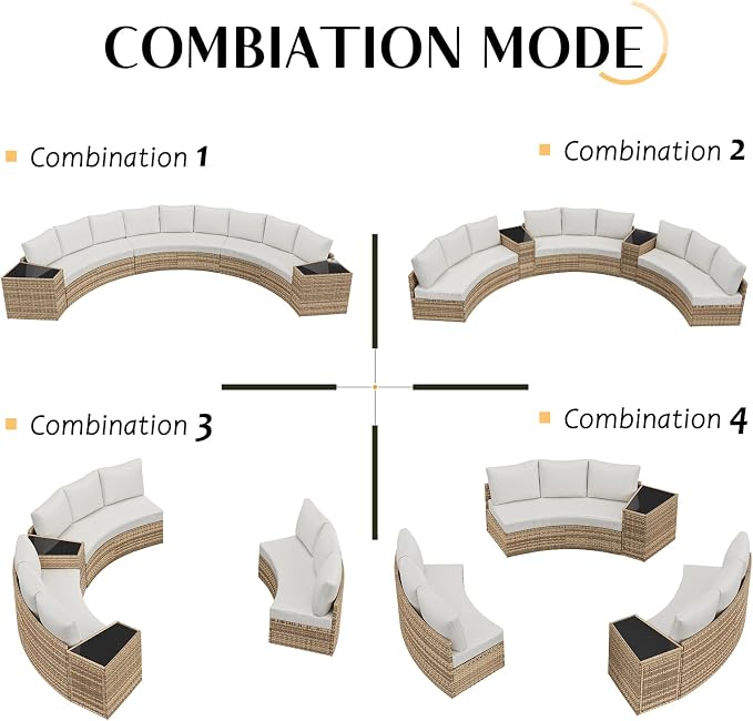 PaPaJet 3-Piece Patio Furniture Set, Half-Moon Wicker Sectional Sofa with Cushions, Waterproof Rattan Outdoor Conversation Set for Beach, Pool, Garden & Balcony, Beige