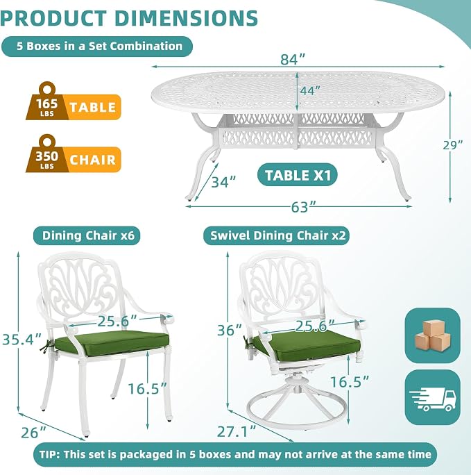 MEETWARM 9-Piece Outdoor Patio Dining Set, All-Weather Cast Aluminum Patio Conversation Set with 1 Oval Table, 2 Swivel Rocker Chairs, 6 Stationary, 8 Cushions, 2" Umbrella Hole, White