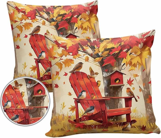 Outdoor Waterproof Throw Pillow Covers 24x24in, Autumn Maple Forest Cushions for Garden Patio Furniture Chairs Set of 2, Red Chair Birds Home Decor Couch Sofa Polyester Pillow Cases