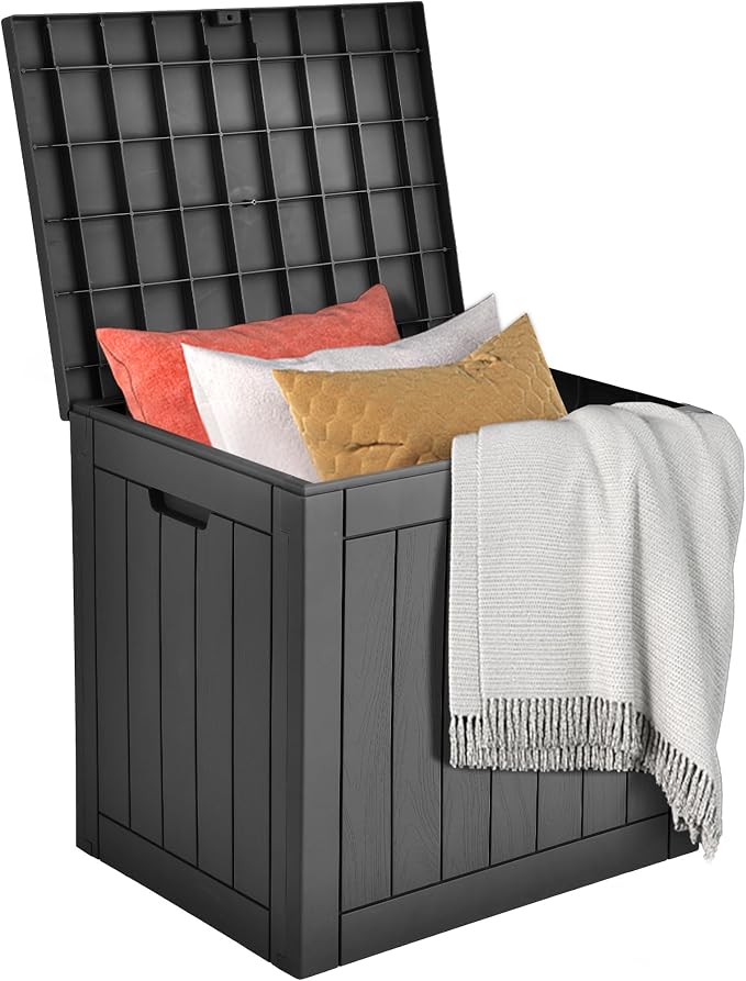 DWVO 30 Gallon Outdoor Storage Box with Side Handles and Lockable Lid, Weatherproof Resin Deck Box for Patio, Cushions, Garden Tools, and Supplies - Black