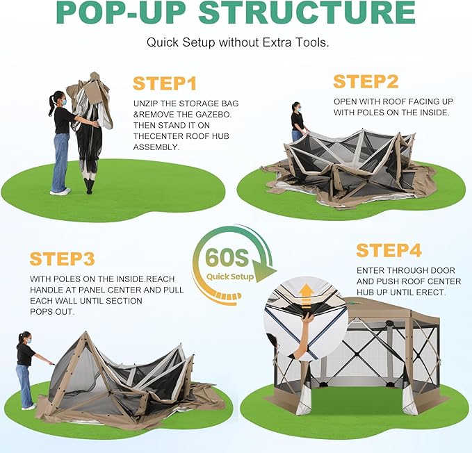 COBIZI 12x12 FT Pop Up Canopy Extendable Tent, Gazebos On Clearance with Removable Roof,Screened in Gazebo,Screen Tents Portable carpas para Patio for Outdoor Camping,Backyard, Garden,Khaki(Upgraded)