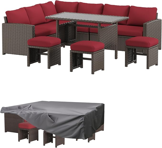 AECOJOY Outdoor Patio Furniture Set with Waterproof Cover, 7 Pieces Clearance Sectional Rattan Dining Table&Chairs, All Weather Wicker Conversation Sofa Couch, Wine Red Cushions&Brown Rattan