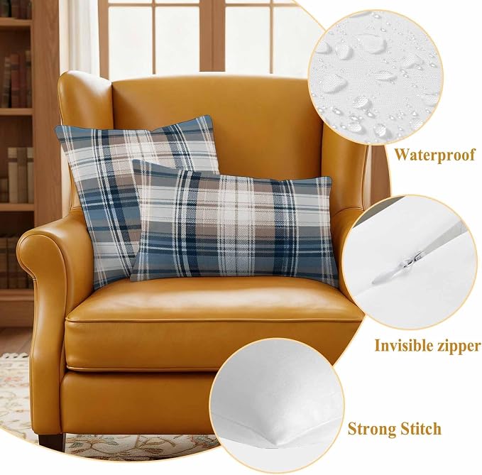 Outdoor Waterproof Throw Pillow Covers Set of 2 Blue Brown Buffalo Plaid Pillowcases 18x18 Inches Check Plaid Decorative Pillows Cushion Case Patio Pillows for Couch Bed Chair Garden