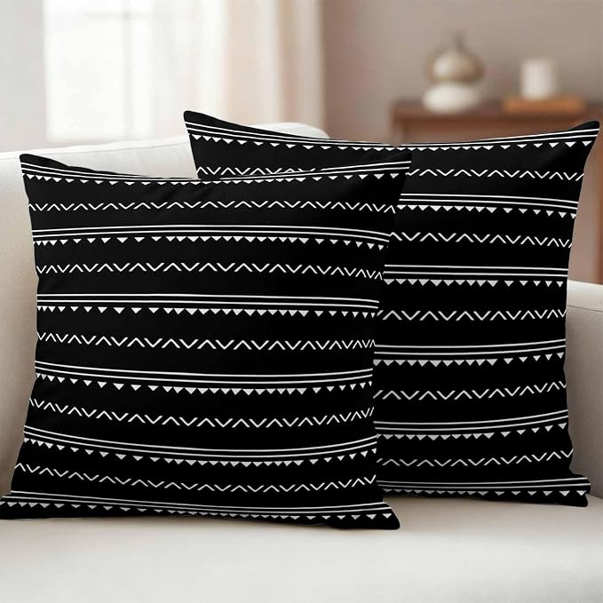 Black Boho Outdoor Waterproof Throw Pillow Covers Set of 2, 20"x20", Geometric Stripes Triangle Decorative Pillow Covers Outside Cushion Case for Patio Porch Garden
