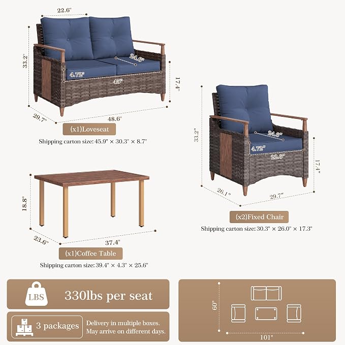 NestNook 4 Pieces Patio Furniture Set, Outdoor Conversation Set with All-Weather Handwoven PE Wicker Sofa, Rattan Chairs and Thick Cushion, Loveseat & Coffee Table for Backyard, Deck & Poolside, Blue