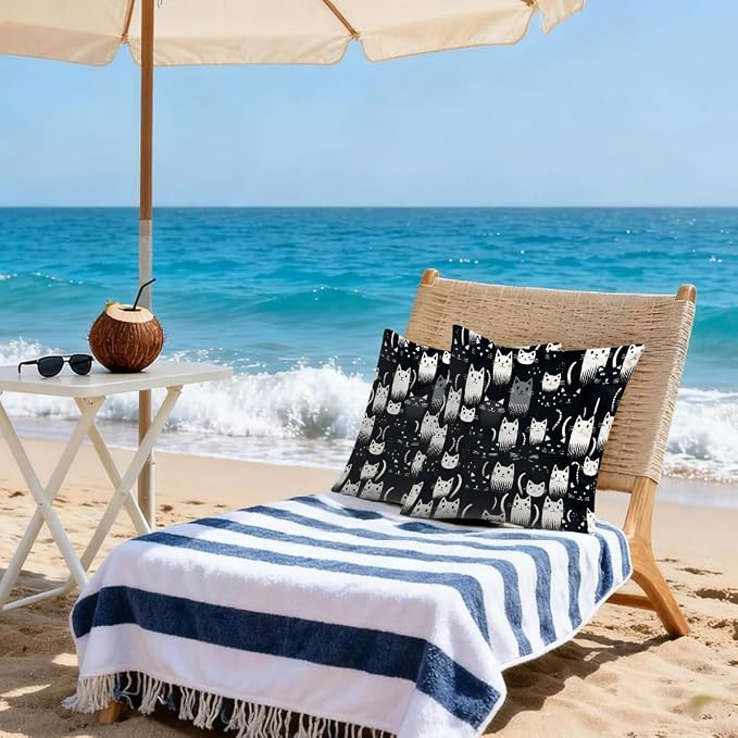 18x18 Inch Outdoor Pillow Covers Set of 2 Waterproof Throw Pillow Covers Decorative Couch Cushion Covers Cats Black White Square Pillowcases Protectors for Patio Garden Sofa