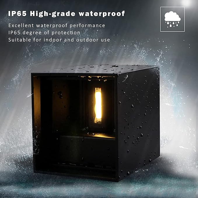 Mille Lucciole 2 Pack LED Outdoor Wall Lights Exterior/Interior, Up and Down Lights IP65 Waterproof Wall Sconces, Square Aluminum Outdoor Wall Lighting Fixtures, Modern Black 12W 6500K Cold Lights