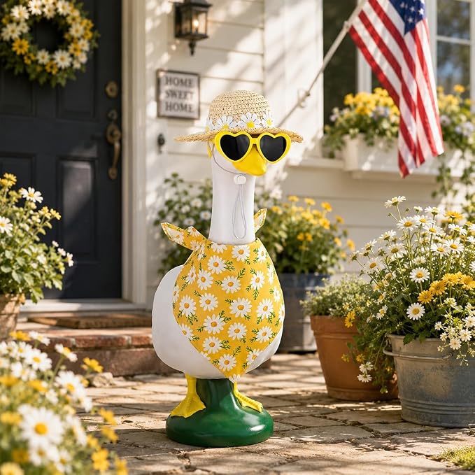 Summer Daisy Porch Goose Outfit Set, Straw Sun Hat Heart Sunglasses Yellow Daisy Bandana, Fits 23 Inch Lawn Goose Statue, Holiday Decor Outfit, Outdoor Garden Yard Goose Decor.