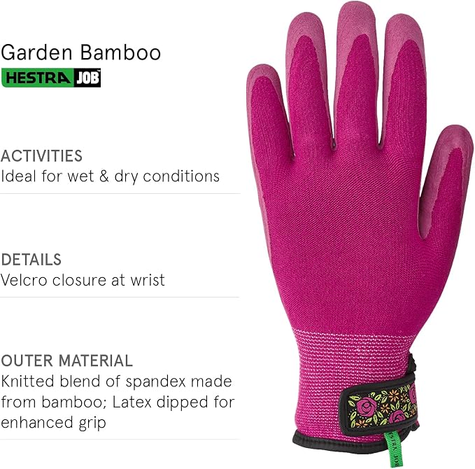 Hestra Job Garden Latex Protective Gardening Gloves | Close-Fitting Sustainable Yarn Gloves for Planting, Weeding and Gardening - Fuchsia - 8