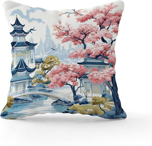 Chinoiserie Pagoda White Coral Blue Cushion Cases Chinoiserie Chic Asian Throw Pillow Cover Rustic Outdoor Garden Decoration for Patio Furniture Garden 24x24 in