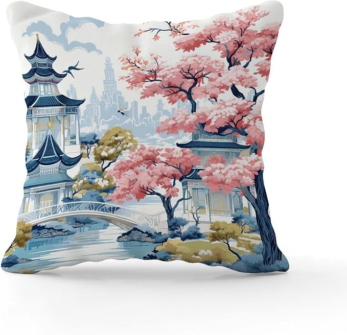 Chinoiserie Pagoda White Coral Blue Pillow Cover Chinoiserie Chic Asian Cushion Cases 26x26 INModern Accent Outdoor Garden Decoration for Patio Furniture Garden