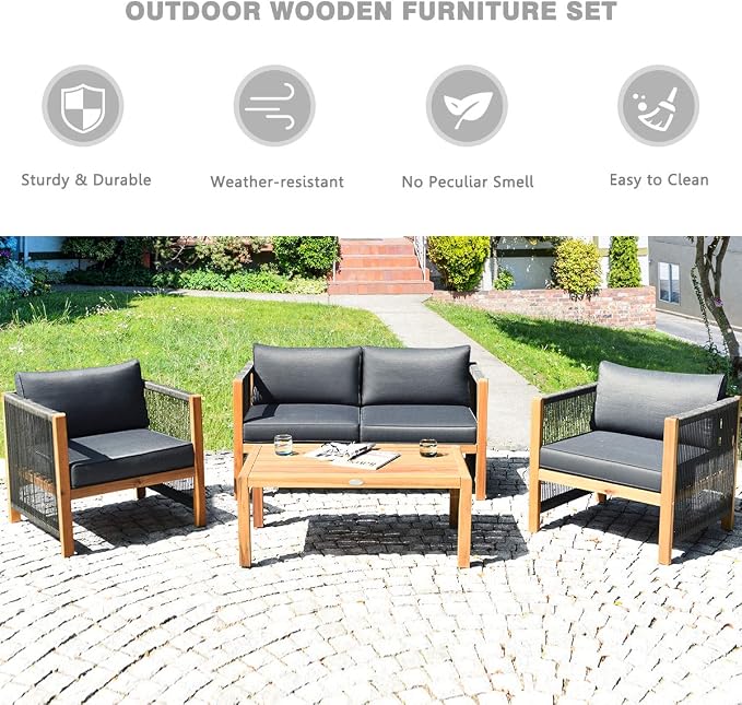 Tangkula Outdoor Wood Furniture Set, Acacia Wood Frame 2 Loveseat Sofa, 4 Single Chairs and 2 Coffee Table, 8 Pieces Conversation Set with Cushions, Garden Balcony Poolside Outdoor Living Set(2, Grey)
