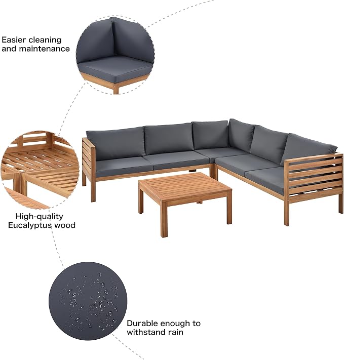 Merax 4-Piece Outdoor Sectional Furniture Set, All-Weather Acacia Wood Patio Sofa with Washable Cushions, Water-Resistant and UV Protected Conversation Set for Backyard, Poolside, Garden, Grey
