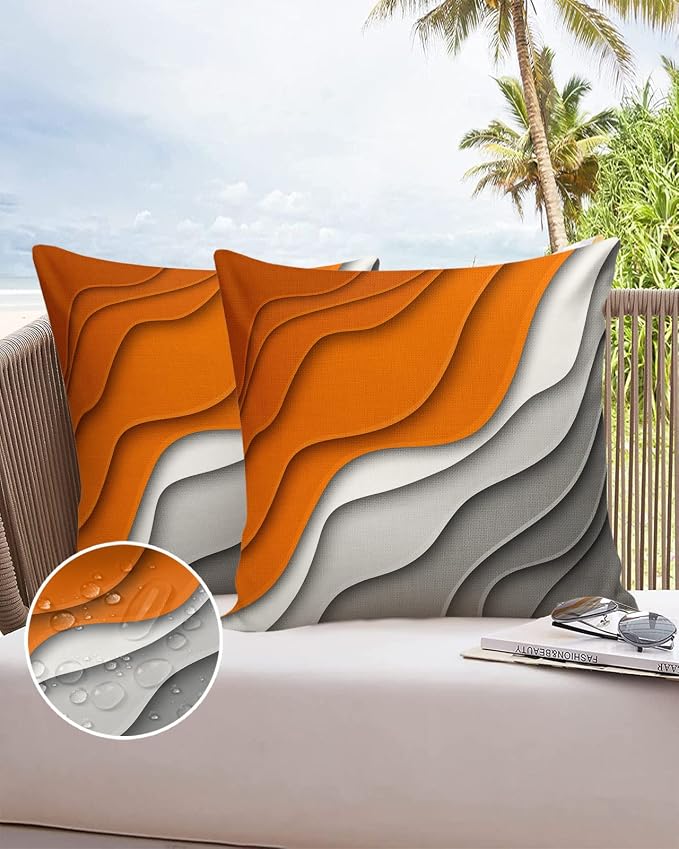 Funy Decor Waterproof Outdoor Throw Pillow Cover Orange Grey Modern Geometric Lumbar Pillowcases Set of 2 Abstract Ombre Decorative Patio Furniture Pillows for Couch Garden 20x20 inch x 2pcs